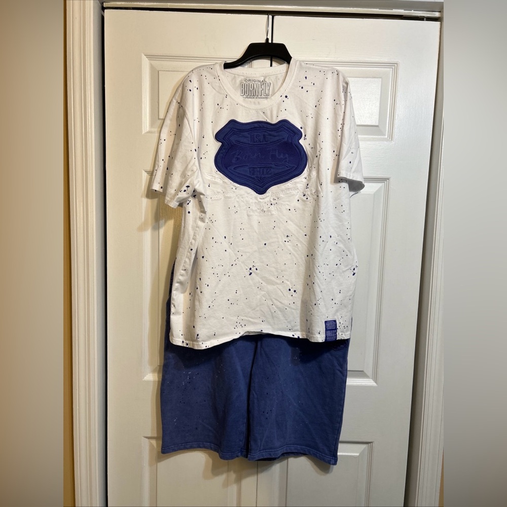 Born Fly T Shirt Sweats Short Set Men’s Size 3XL Tee & 2X Shorts Paint Splatter